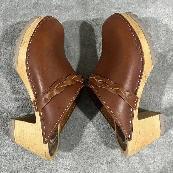 MIA Elsa Clogs 8.5 / 39 Brown Leather Braid Platform Made In Sweden Tan Chunky - Picture 3 of 11
